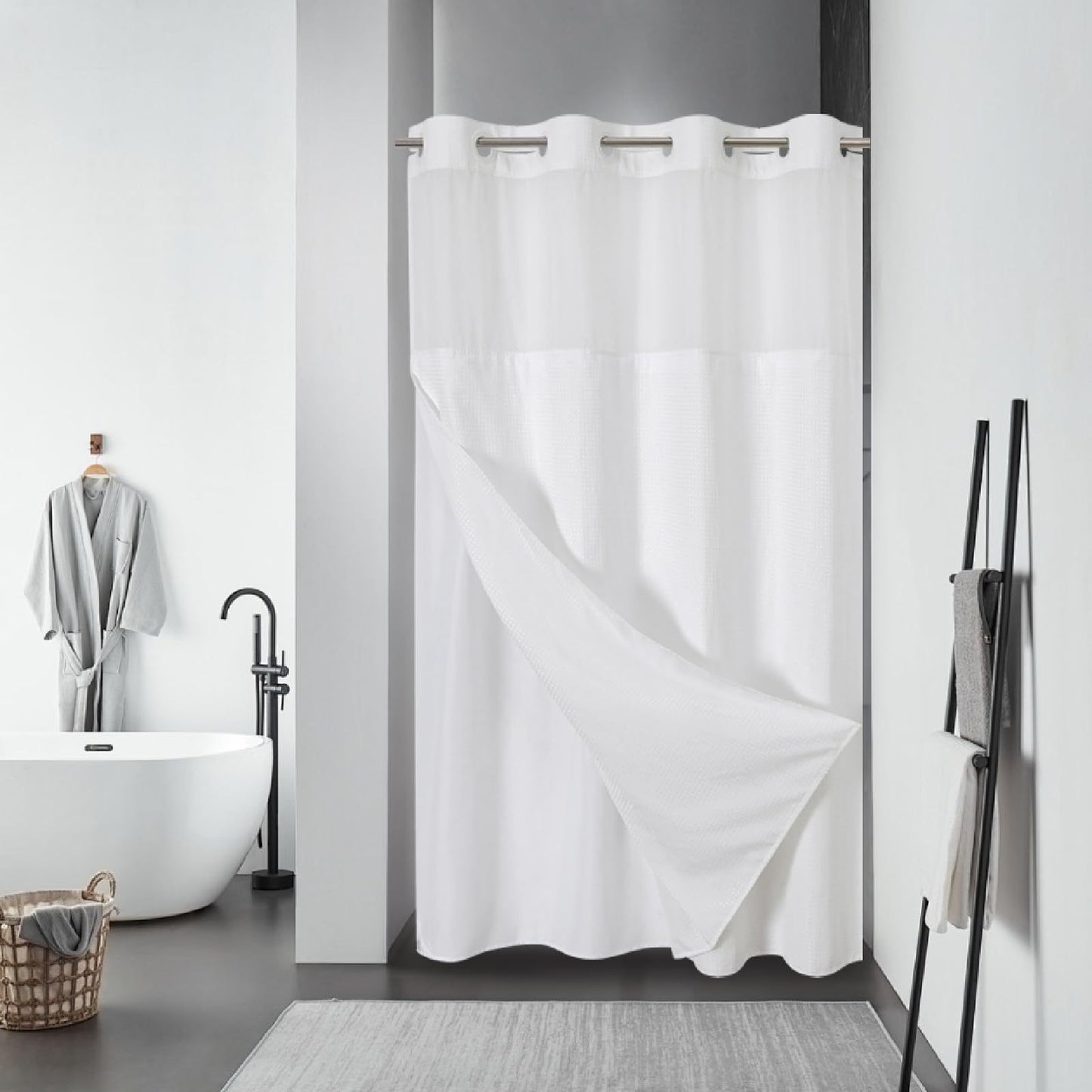 Double Layer Big Buckle Waffle Solid Color & Plain Large Ring Shower Curtain