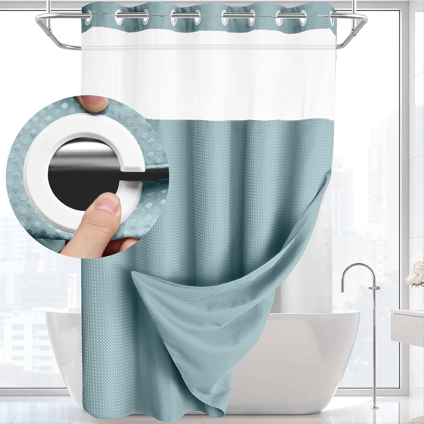 Double Layer Big Buckle Waffle Solid Color & Plain Large Ring Shower Curtain