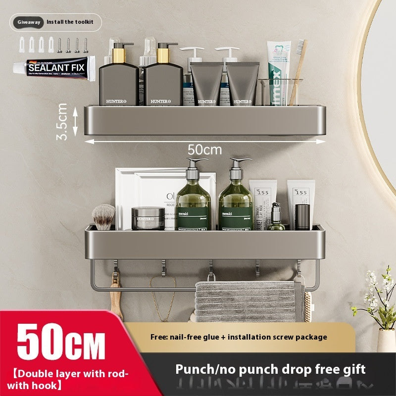 Punch-Free Bathroom Storage Rack – Wall-Mounted, Aluminum Alloy Design