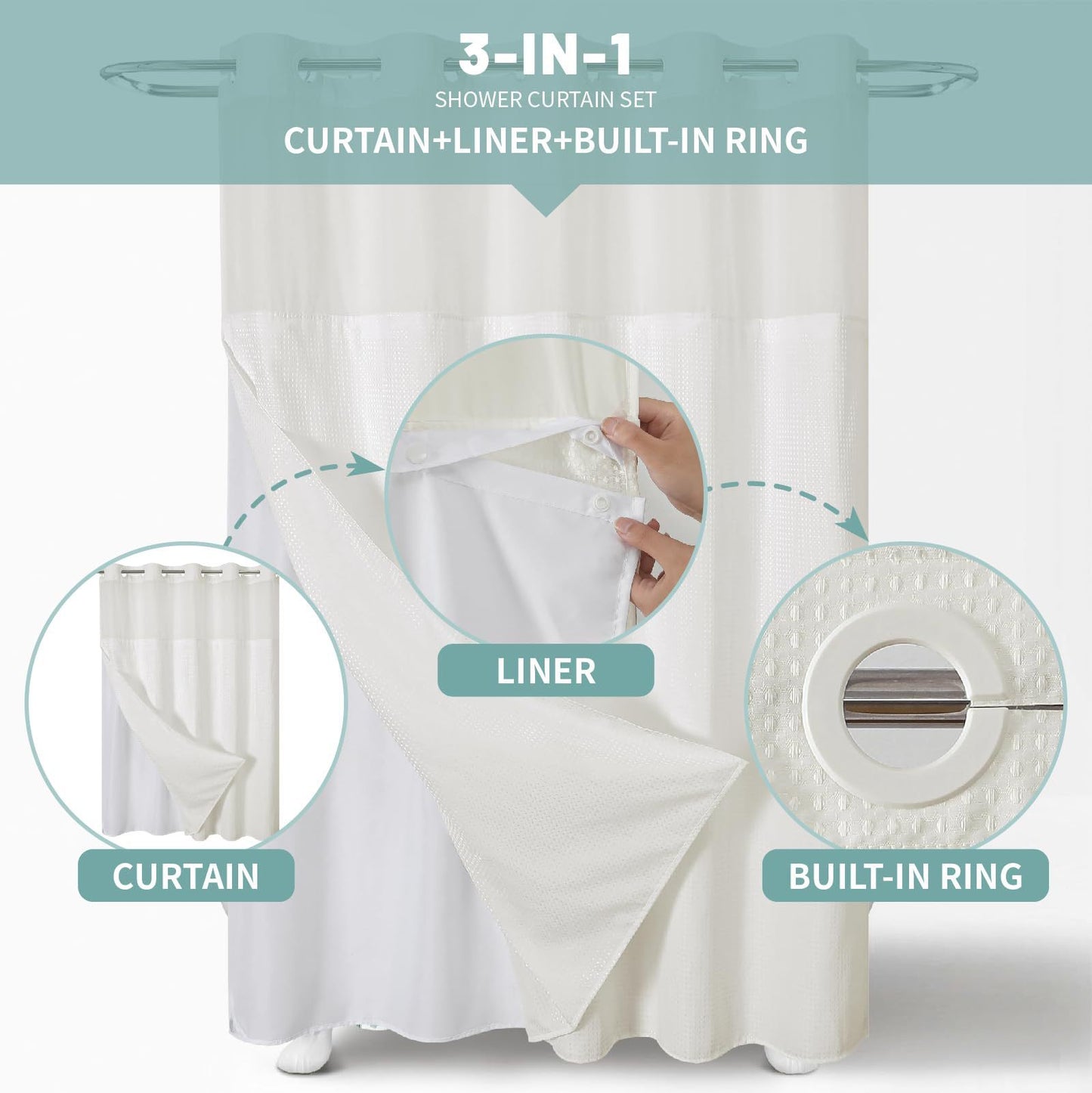 Double Layer Big Buckle Waffle Solid Color & Plain Large Ring Shower Curtain
