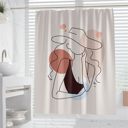 Hand-Drawn Woman Geometric Line Illustration Shower Curtain – Premium Polyester