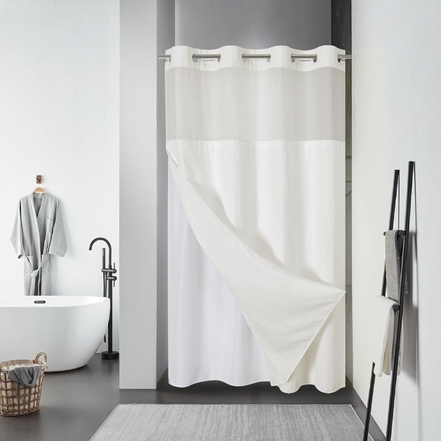 Double Layer Big Buckle Waffle Solid Color & Plain Large Ring Shower Curtain