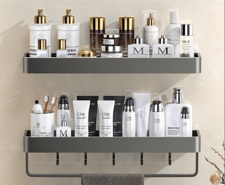 Punch-Free Bathroom Storage Rack – Wall-Mounted, Aluminum Alloy Design