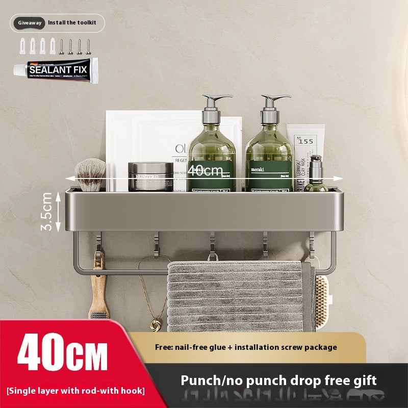 Punch-Free Bathroom Storage Rack – Wall-Mounted, Aluminum Alloy Design