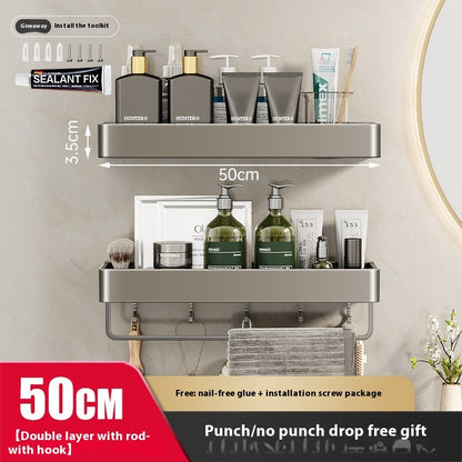 Punch-Free Bathroom Storage Rack – Wall-Mounted, Aluminum Alloy Design
